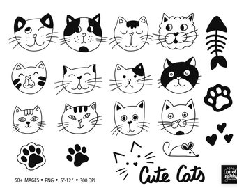 Cute Cats Clip Art. Han Drawn Doodle Cat Illustrations. Black and White Cat Faces. Pets, Cat Paws, Kittens Clipart for Planner Stickers.