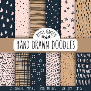 May include: Set of 20 digital papers featuring hand-drawn doodle patterns in black, white, pink, and brown. The patterns include dots, stars, stripes, triangles, zigzags, and more. The papers are 12x12 inches and 300 DPI.