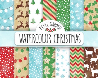 Christmas Digital Paper. Watercolor Rustic Christmas Patterns. Shabby Watercolor Snowflake, Reindeer, Christmas Tree, Gingerbread Background