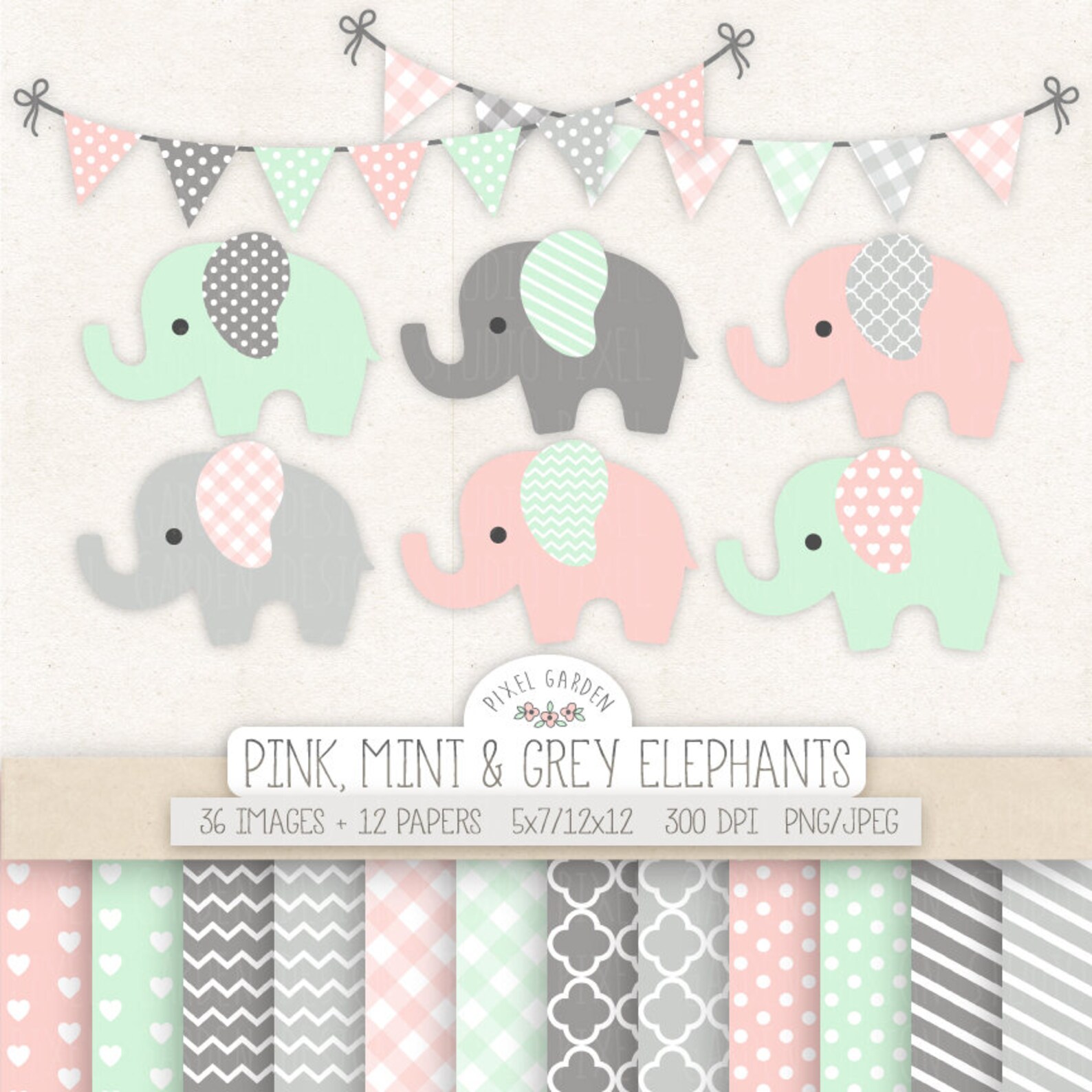 Baby Elephant Clipart. Mint Pink Baby Shower Nursery Clip - Etsy
