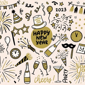 Bonne année Clipart. Illustrations minimalistes dessinées à la main. Griffonnages du Nouvel An 2023. Feux d'artifice, fête, champagne, célébration des cliparts.