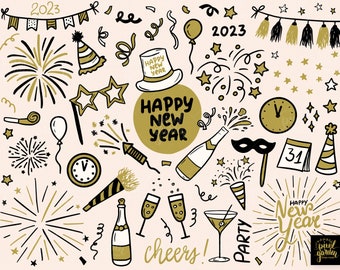 Happy New Year Clipart. Hand Drawn Minimalist Illustrations. 2023 New Year's Eve Doodles. Fireworks, Party, Champagne, Celebration Clipart.