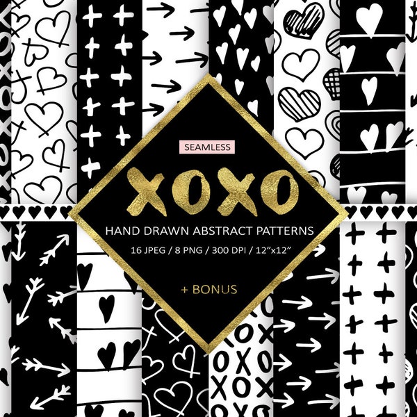 Love, Hearts, Arrows Digital Paper. Monochrome Valentines Day Background. Black, White Doodles. Hand Drawn Minimalist Xoxo Seamless Patterns