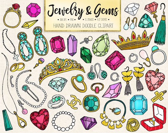 Doodle Gems, Jewelry Clipart. Hand Drawn Gemstone, Jewellery, Emerald,  Diamond Clip Art. Crown, Wedding Ring, Necklace, Earring Illustration 