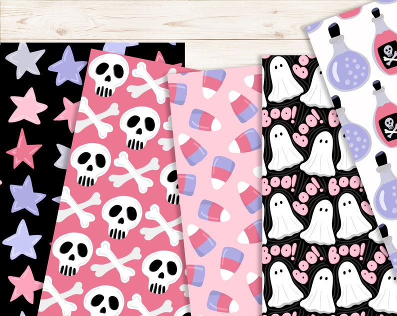 Purple Halloween Digital Paper. Hand Drawn Spooky Halloween Background. Cute Pink Seamless Ghost, Pumpkin, Candy Illustration Background. image 3