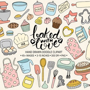 Clipart do pieczenia. Ręcznie rysowane ciasto, ciasteczko, beza Clip Art. Clipart do piekarni. Vintage Pie, Szef Kuchni, Ilustracja Kuchenna. Naklejki Doodle Planner