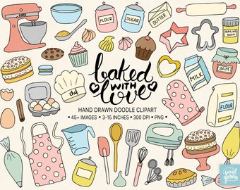Baking Clipart. Hand Drawn Cake, Cookie, Meringue Clip Art. Bakery Clipart. Vintage Pie, Chef, Kitchen Illustration. Doodle Planner Stickers