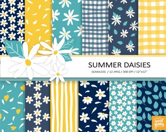 Daisy Digital Paper. Seamless Daisies Pattern. Summer Flower, Floral, Botanical Printable Paper. Yellow, Blue, Navy Gingham Scrapbook Paper