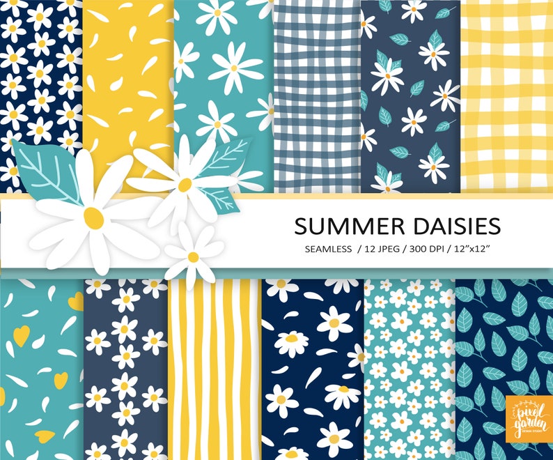May include: A set of 12 digital paper patterns featuring daisies, leaves, gingham, and stripes in yellow, blue, and white. The patterns are seamless and perfect for crafting projects.