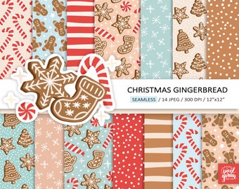 Christmas Seamless Patterns. Gingerbread Cookie Digital Paper. Candy Cane, Snowflake, Winter Polka Dot Backgrounds for Fabric Sublimation