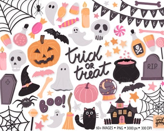 Lindo clip art de Halloween. Imágenes prediseñadas espeluznantes dibujadas a mano. Fantasmas, calabaza, calavera, bruja, telaraña, ilustraciones de maíz dulce para pegatinas del planificador