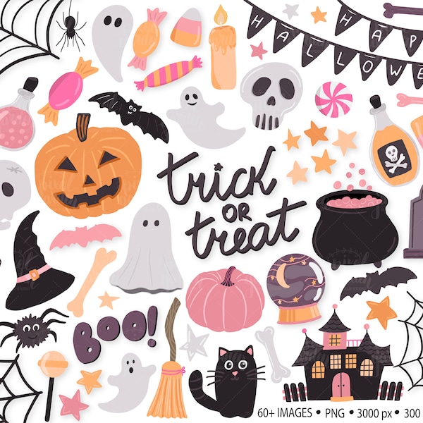 Cute Halloween Clip Art. Hand Drawn Spooky Clipart. Ghosts, Pumpkin, Skull, Witch, Spider Web, Candy Corn Illustrations for Planner Stickers