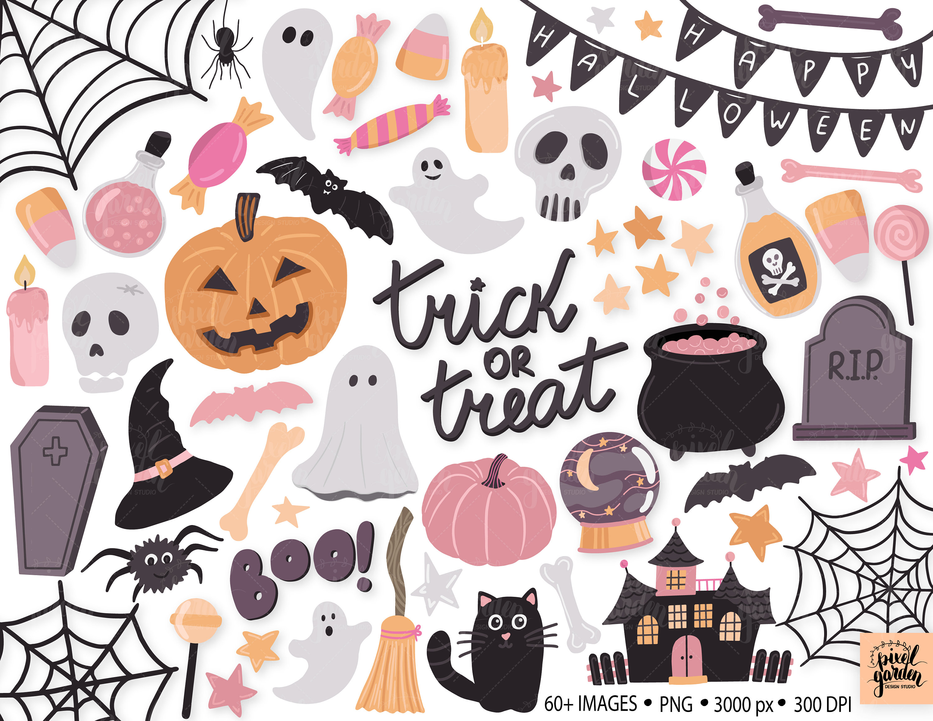 Cute Halloween clipart | Commercial use Kids Fun Halloween Clipart | cute  ghosts, pumpkins, cats, candy, bats | Cute Halloween graphics set