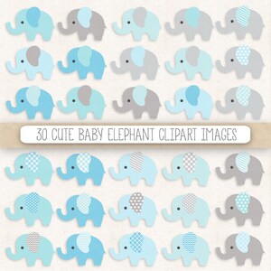 Op de afbeelding: Een verzameling van 30 baby-olifant clipart afbeeldingen in blauw- en grijstinten. De olifanten hebben verschillende patronen op hun oren, waaronder strepen, stippen en ruitjes. De tekst "30 CUTE BABY ELEPHANT CLIPART IMAGES" wordt weergegeven.