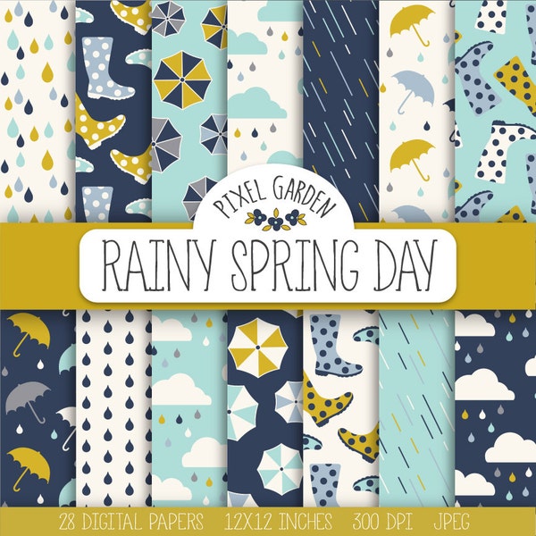 Rain Digital Paper. Raindrop, Umbrella, Could Patterns. Umbrellas & Rain Boots Scrapbook Background. Mint Autumn, Fall Rain Digital Paper.