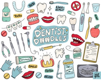 Clipart de dentista dibujado a mano. Dientes de garabato, sonrisa, pegatinas del planificador dental. , Medicina, Atención Sanitaria, Estomatología, Ilustraciones De Higiene Dental.