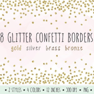 Glitter confetti randen illustraties. Gouden glitterlijsten. Goud, zilver, brons kerstconfetti glitter. Gouden nieuwjaarsillustraties.