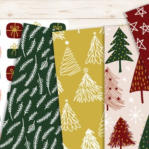 May include: Set of six digital paper patterns featuring Christmas themes. The patterns include green pine branches, white stars on a red background, white Christmas trees on a yellow background, and red and green Christmas trees on a pink background.