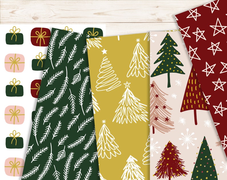 May include: Set of six digital paper patterns featuring Christmas themes. The patterns include green pine branches, white stars on a red background, white Christmas trees on a yellow background, and red and green Christmas trees on a pink background.