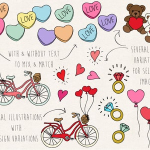 May include: A set of hand-drawn Valentine's Day illustrations featuring hearts, bicycles, rings, and teddy bears. The illustrations are in various colors and styles, with some including the word "LOVE".