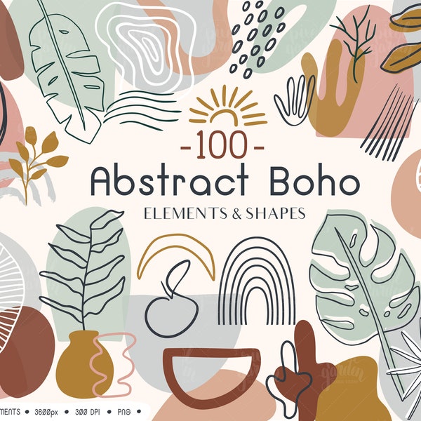 Abstract Boho Clip Art. Organic Abstract Collage Element Clipart. Neutral Geometric Shapes. Hand Drawn Rainbows, Plant, Leaf, Brushstrokes