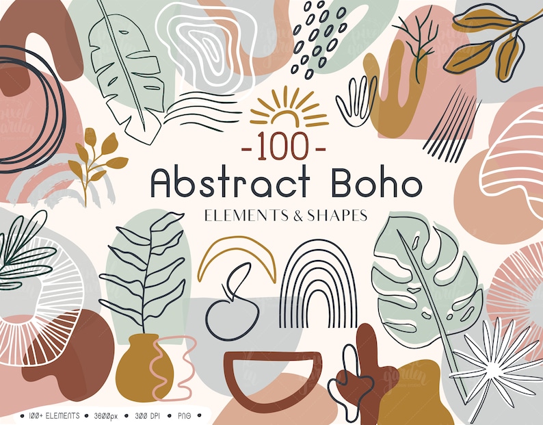 Abstract Boho Clip Art. Organic Abstract Collage Element Clipart. Neutral Geometric Shapes. Hand Drawn Rainbows, Plant, Leaf, Brushstrokes image 1