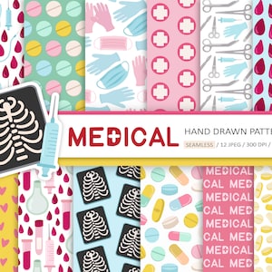 Medical Digital Paper. Nurse, Doctor Pattern. Hospital, Pills, Mask, Syringe Digital Background. Medicine, Healthcare Seamless Graphics JPEG