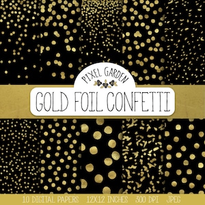 Gold Confetti Digital Paper. Black and Gold Confetti Scarpbooking Background. Galaxy Digital Paper. Metallic Christmas, New Year Patterns.