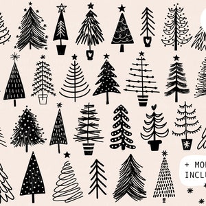 Black & White Christmas Tree Clipart. Hand Drawn Minimalist Illustrations. Winter Fir Doodles. Scandinavian Christmas Tree Gift Tags, Cards. image 3