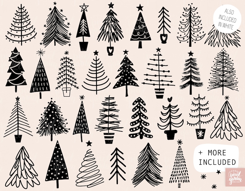 Black & White Christmas Tree Clipart. Hand Drawn Minimalist Illustrations. Winter Fir Doodles. Scandinavian Christmas Tree Gift Tags, Cards. image 3