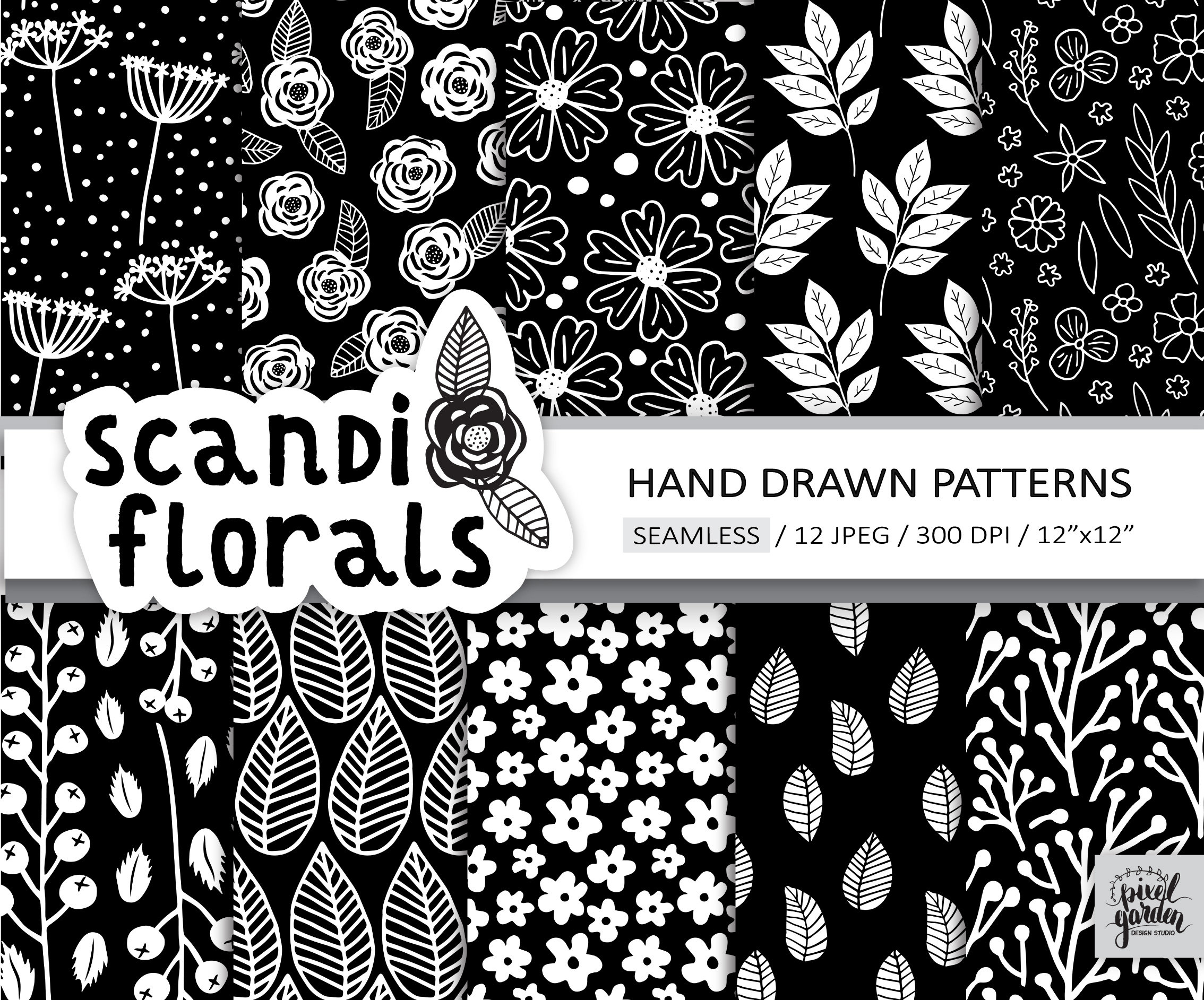Black and White Floral Digital Paper. Seamless Minimalist Rose Peony ...