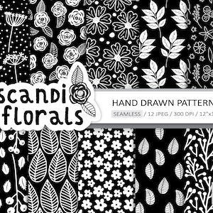 Black and White Floral Digital Paper. Seamless Minimalist Rose Peony Blossom Pattern. Scandi Printable Paper. Monochrome Botanical Pattern