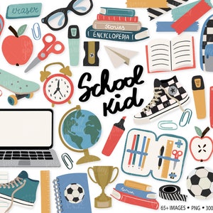 Schuljunge Clipart. Schule Clip Art. Lehrer, Schüler, Skater, Sneaker Clipart. Schreibwaren, Rucksack, Laptop, Notizbuch.