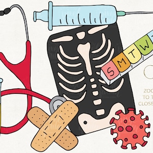 May include: A colorful illustration of medical supplies, including a stethoscope, a syringe, a pill organizer, a test tube, a bandage, an x-ray, and a stylized coronavirus. The pill organizer has the days of the week labeled on it. The text "ZOOM IN TO TAKE A CLOSER LOOK" is written in the bottom right corner.