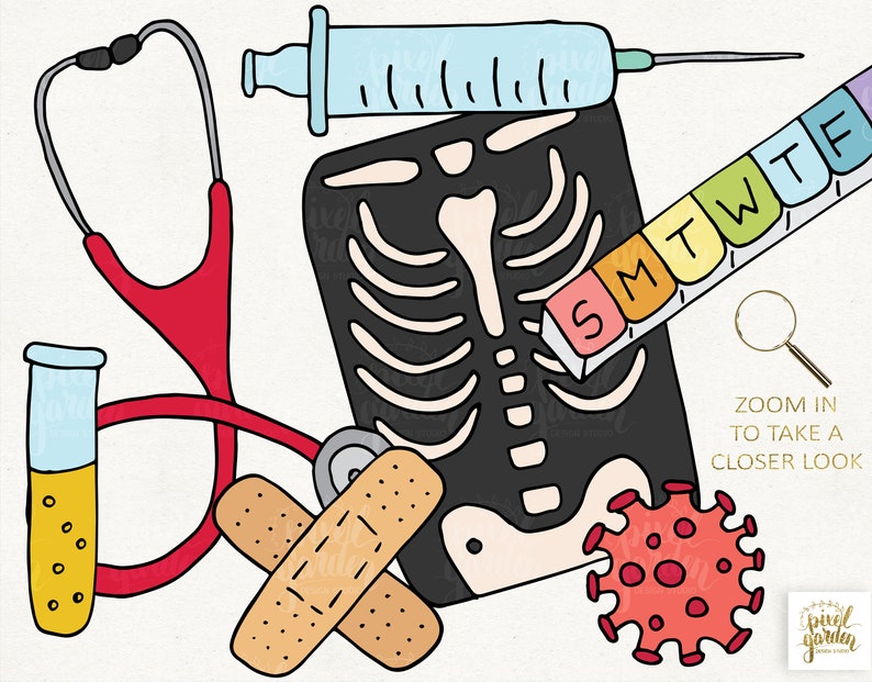 May include: A colorful illustration of medical supplies, including a stethoscope, a syringe, a pill organizer, a test tube, a bandage, an x-ray, and a stylized coronavirus. The pill organizer has the days of the week labeled on it. The text "ZOOM IN TO TAKE A CLOSER LOOK" is written in the bottom right corner.