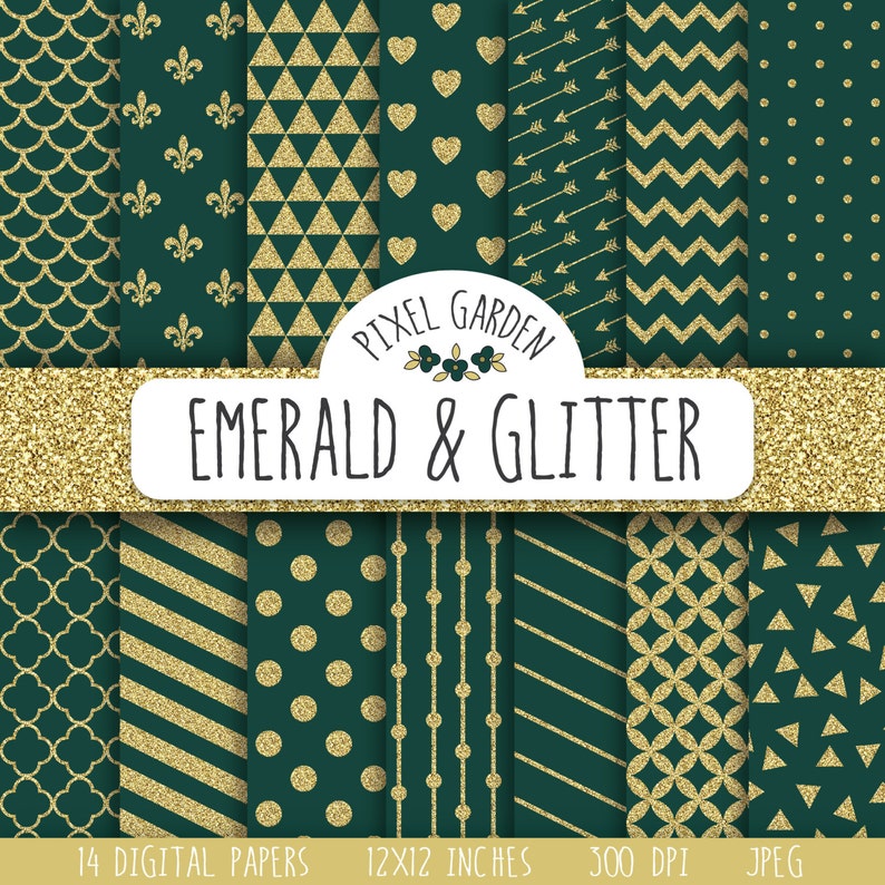 Green and Gold Glitter Digital Paper. Emerald Green Glitter Digital Paper. Christmas Glitter Digital Paper. Gold New Year's Digital Paper. image 1