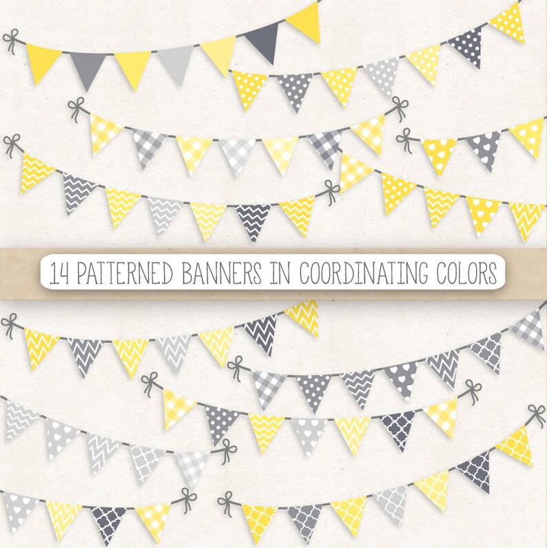 May include: A set of 14 printable yellow and gray patterned bunting banners. The banners feature different patterns including polka dots, chevron, gingham, and hearts.  The text "14 PATTERNED BANNERS IN COORDINATING COLORS" is printed on a brown banner.