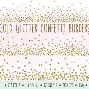 Gouden glitter confetti grenzen illustraties. Glitterranden en kaders. Mettalic Confetti Clipart voor huwelijksuitnodigingen.