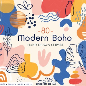 Imágenes prediseñadas abstractas de estilo bohemio. Imágenes prediseñadas de elementos de collage abstractos orgánicos. Arcoíris dibujados a mano geométricos en tonos menta y rosa, plantas, hojas, pinceladas y formas