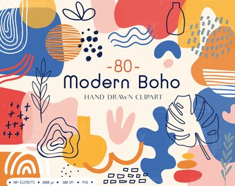 Abstract Boho Clip Art. Organic Abstract Collage Element Clipart. Mint, Pink Geometric Hand Drawn Rainbows, Plant, Leaf, Brushstroke, Shapes