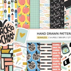 Terug naar school digitaal papier. Handgetekende kantoorbenodigdheden, student, briefpapier, rugzak, laptop, notebook, Washi-patroon. Achtergrond docent