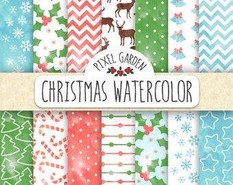 Christmas Watercolor Digital Paper. Red, Green Christmas Watercolor Pattern. Painted Reindeer, Snowflake, Winter, Mistletoe, Star Background