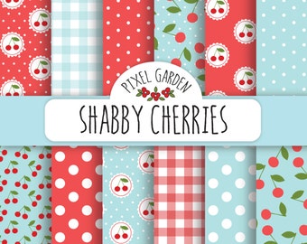 Shabby Cherry Digital Paper Pack, Cottage Chic Scrapbooking Paper, Digital Clip Art, Printable Paper, Printable Card.