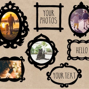 May include: A set of black decorative frames with different designs. The frames are on a brown background. The frames are perfect for adding a touch of whimsy to your home decor.  The frames include the text "Your Photos", "Hello!" and "Your Text".