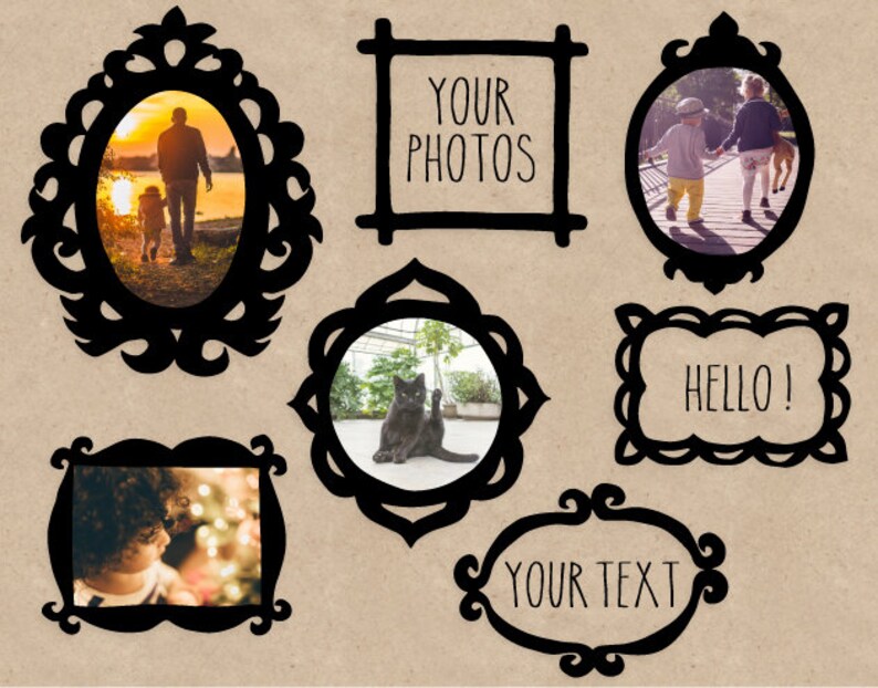 May include: A set of black decorative frames with different designs. The frames are on a brown background. The frames are perfect for adding a touch of whimsy to your home decor.  The frames include the text "Your Photos", "Hello!" and "Your Text".