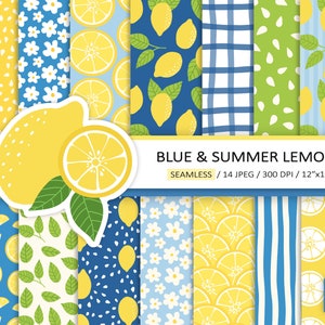 Papel Digital de Limones. Patrón de limón sin costuras. Papel Imprimible de Limón y Hojas. Papel de álbum de recortes de color amarillo y azul con cítricos de verano y guinga