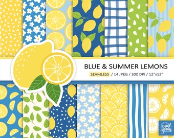 Lemons Digital Paper. Seamless Lemon Pattern. Lemon and Leaves Printable Paper. Yellow, Blue Summer Citrus Fruit, Gingham Scrapbooking Paper
