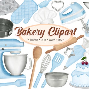 May include: A set of 20 blue and silver bakery clipart images, including a stand mixer, hand mixer, rolling pin, piping bag, measuring cup, cake, and other baking tools. The images are in a watercolor style and are perfect for creating digital or printed projects.