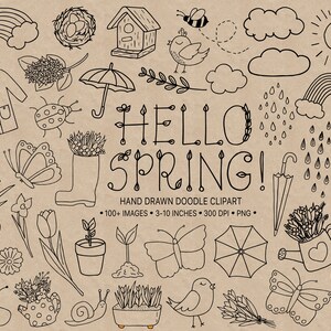 Puede incluir: Clipart de doodle dibujado a mano en blanco y negro con ilustraciones de tem&aacute;tica primaveral, incluyendo una mariposa, un p&aacute;jaro, una nube de lluvia, un arco&iacute;ris, una mariquita, una flor, una regadera, un caracol, una casa, una bota, un sol, una abeja, un coraz&oacute;n, una hoja, una planta, una maceta, un paraguas y el texto "HELLO SPRING!"