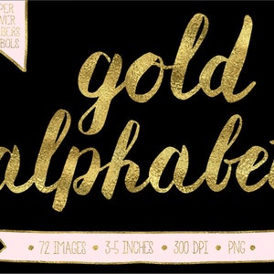 Clipart do alfabeto dourado. Letras, números, símbolos de folha de ouro. Fonte de ouro escrita à mão para casamento. Script Pincel Metálico - 300dpi - PNG -